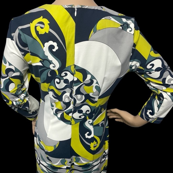 J McLaughlin Blue Green Yellow S Retro Print Catalina Cloth Sheath Dress in EUC - Picture 4 of 8